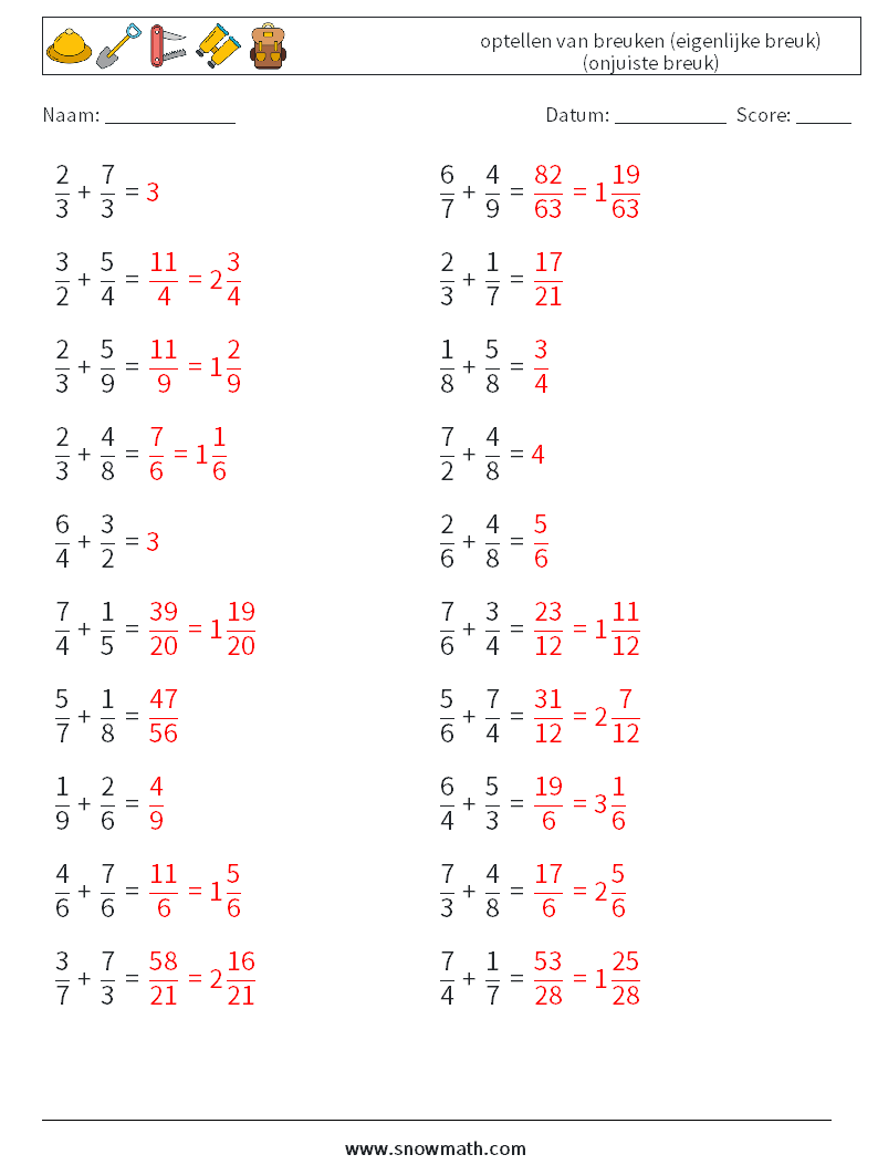 (20) optellen van breuken (eigenlijke breuk) (onjuiste breuk) Wiskundige werkbladen 3 Vraag, Antwoord