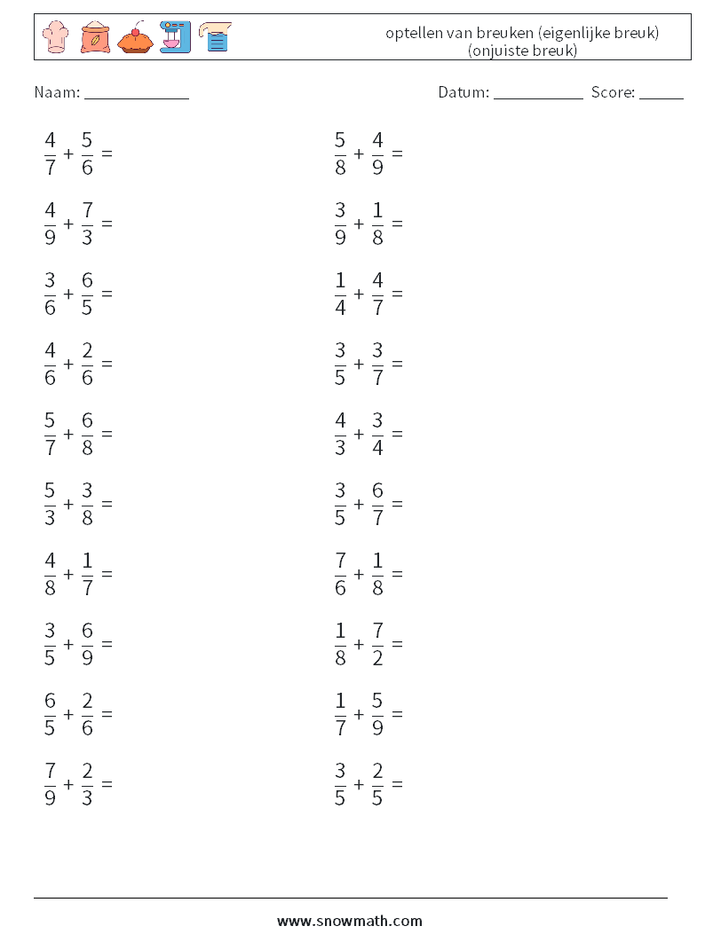 (20) optellen van breuken (eigenlijke breuk) (onjuiste breuk) Wiskundige werkbladen 4