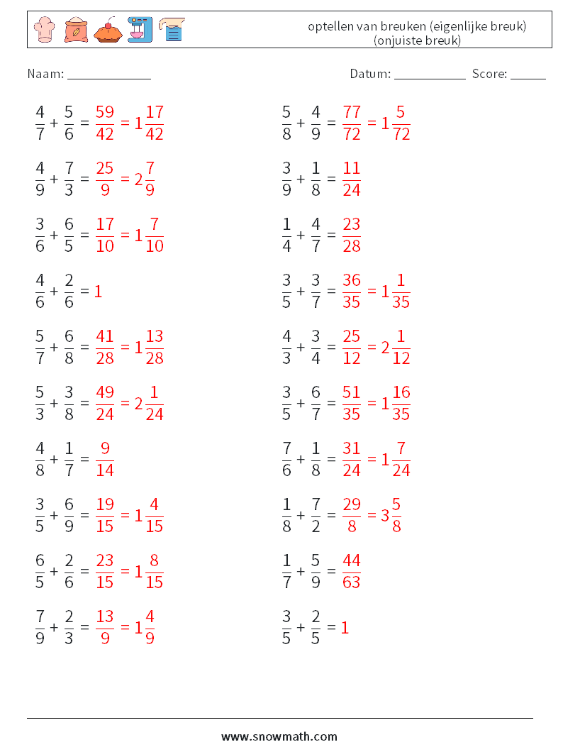 (20) optellen van breuken (eigenlijke breuk) (onjuiste breuk) Wiskundige werkbladen 4 Vraag, Antwoord