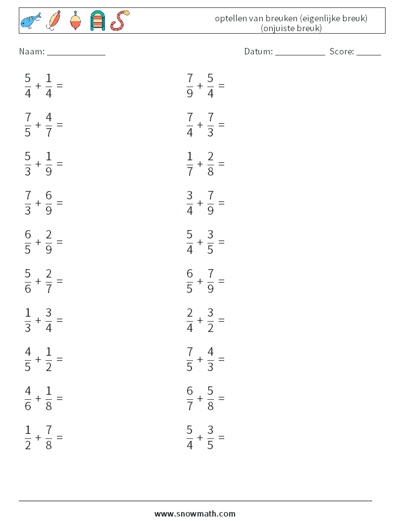 (20) optellen van breuken (eigenlijke breuk) (onjuiste breuk) Wiskundige werkbladen 5