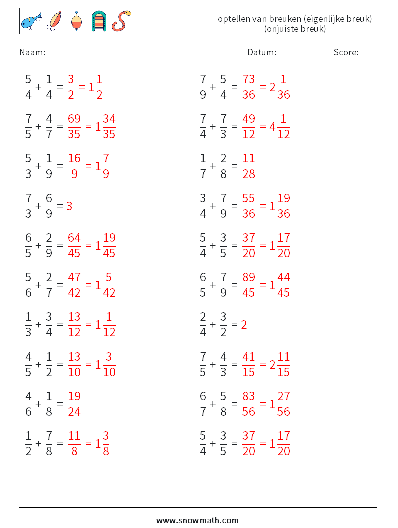 (20) optellen van breuken (eigenlijke breuk) (onjuiste breuk) Wiskundige werkbladen 5 Vraag, Antwoord