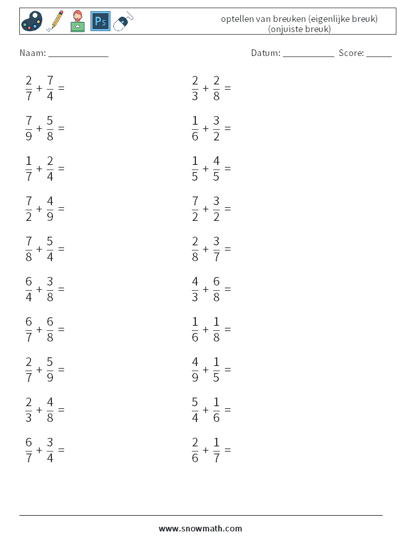 (20) optellen van breuken (eigenlijke breuk) (onjuiste breuk) Wiskundige werkbladen 6
