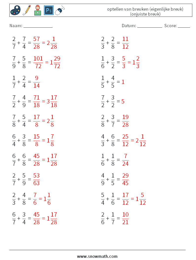 (20) optellen van breuken (eigenlijke breuk) (onjuiste breuk) Wiskundige werkbladen 6 Vraag, Antwoord