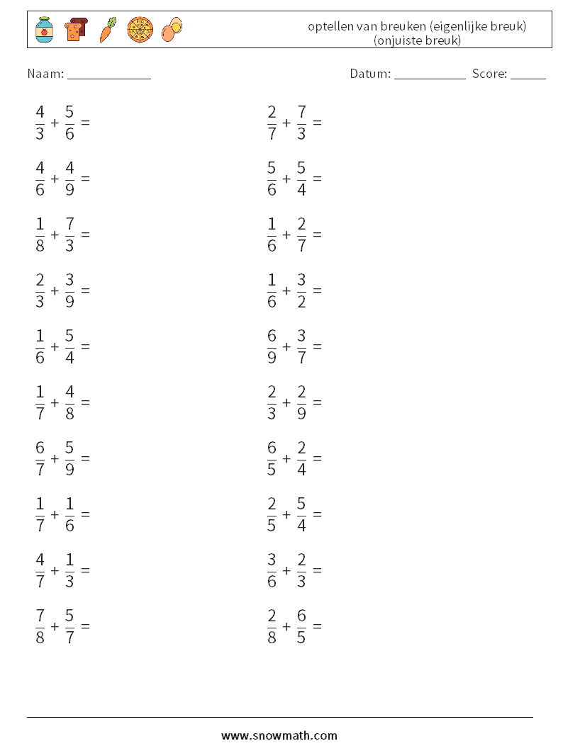 (20) optellen van breuken (eigenlijke breuk) (onjuiste breuk) Wiskundige werkbladen 7