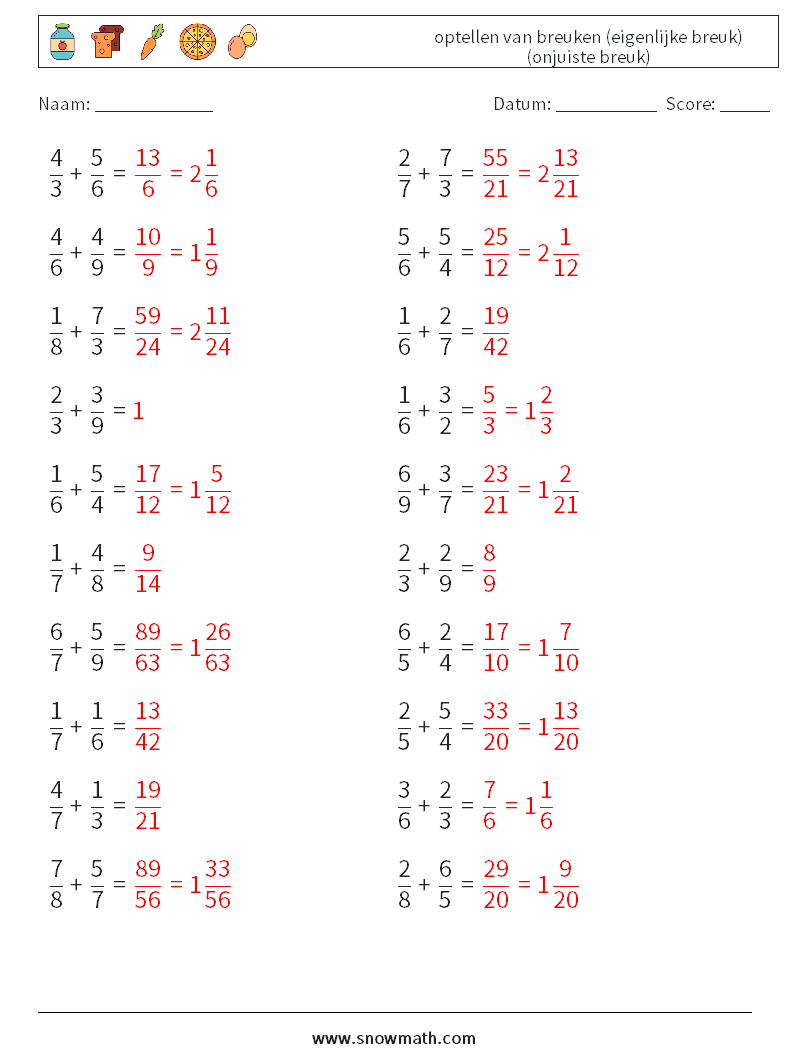 (20) optellen van breuken (eigenlijke breuk) (onjuiste breuk) Wiskundige werkbladen 7 Vraag, Antwoord