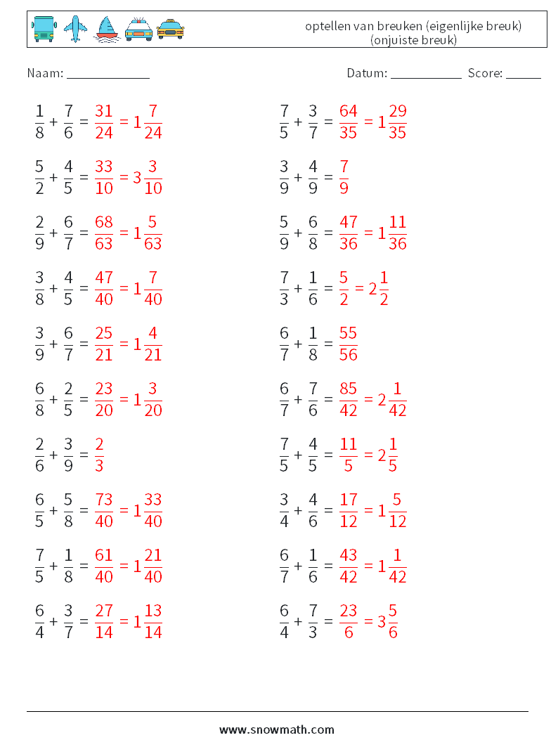 (20) optellen van breuken (eigenlijke breuk) (onjuiste breuk) Wiskundige werkbladen 8 Vraag, Antwoord