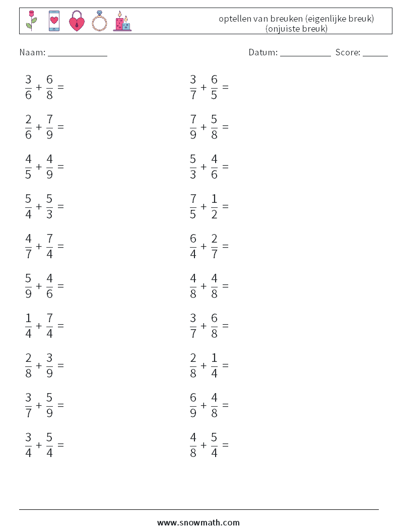 (20) optellen van breuken (eigenlijke breuk) (onjuiste breuk) Wiskundige werkbladen 9
