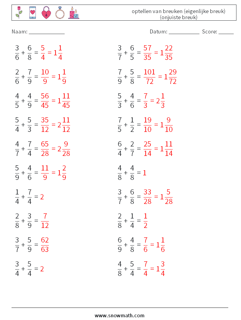 (20) optellen van breuken (eigenlijke breuk) (onjuiste breuk) Wiskundige werkbladen 9 Vraag, Antwoord