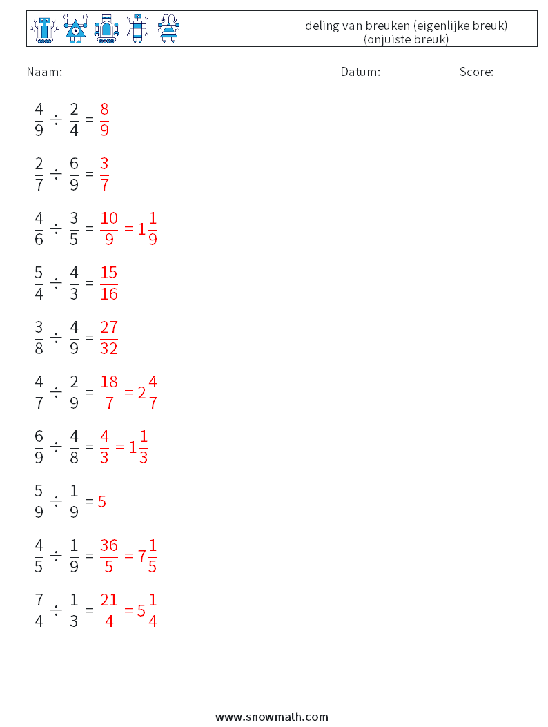 (10) deling van breuken (eigenlijke breuk) (onjuiste breuk) Wiskundige werkbladen 10 Vraag, Antwoord