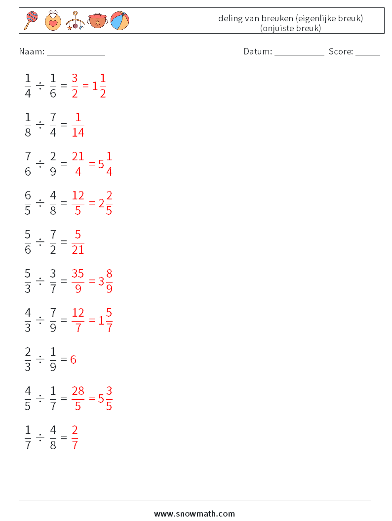 (10) deling van breuken (eigenlijke breuk) (onjuiste breuk) Wiskundige werkbladen 14 Vraag, Antwoord