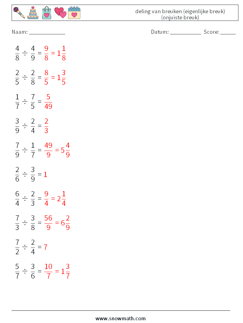 (10) deling van breuken (eigenlijke breuk) (onjuiste breuk) Wiskundige werkbladen 15 Vraag, Antwoord