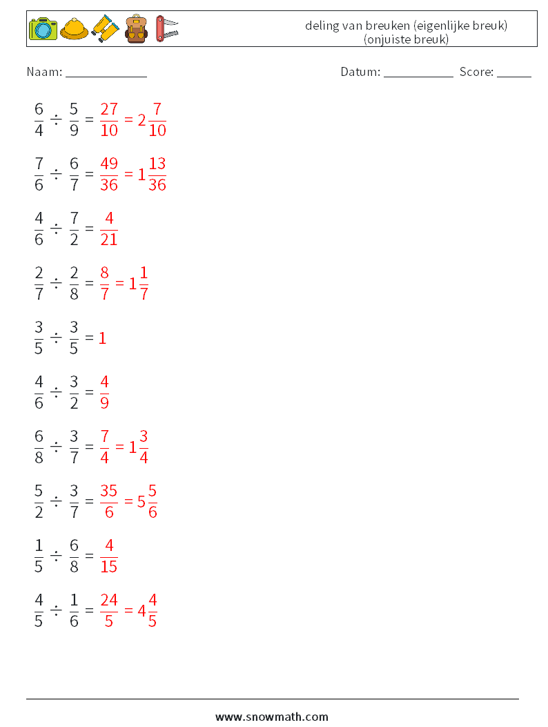 (10) deling van breuken (eigenlijke breuk) (onjuiste breuk) Wiskundige werkbladen 16 Vraag, Antwoord