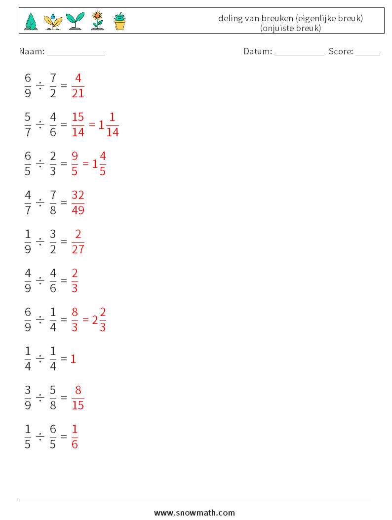 (10) deling van breuken (eigenlijke breuk) (onjuiste breuk) Wiskundige werkbladen 1 Vraag, Antwoord