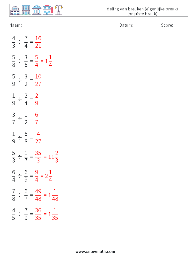 (10) deling van breuken (eigenlijke breuk) (onjuiste breuk) Wiskundige werkbladen 2 Vraag, Antwoord