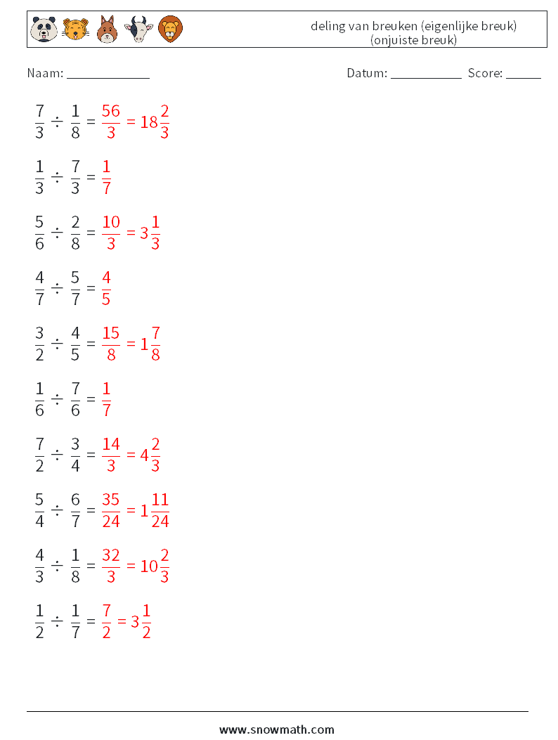 (10) deling van breuken (eigenlijke breuk) (onjuiste breuk) Wiskundige werkbladen 3 Vraag, Antwoord