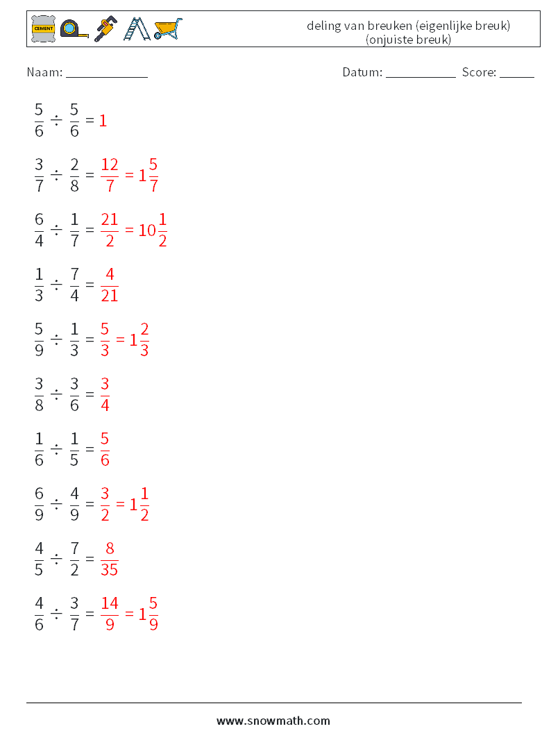 (10) deling van breuken (eigenlijke breuk) (onjuiste breuk) Wiskundige werkbladen 5 Vraag, Antwoord