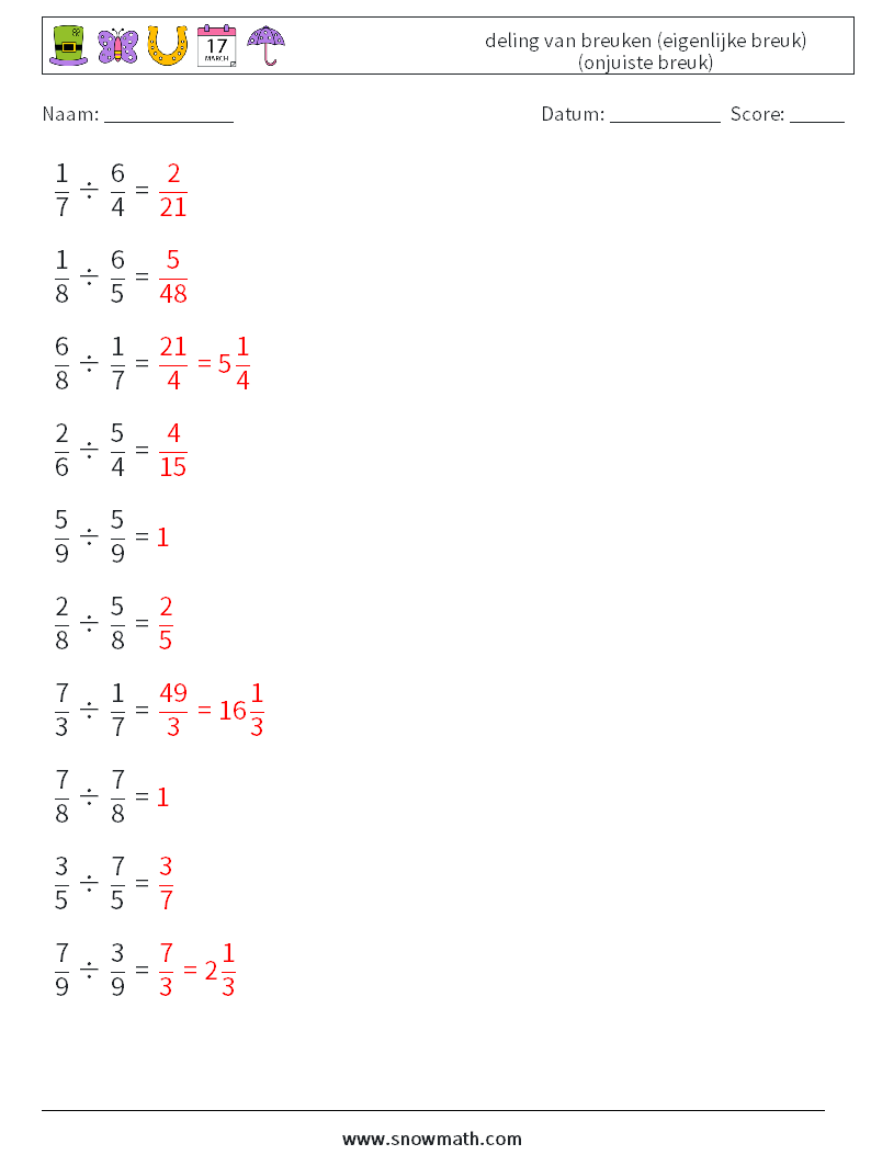 (10) deling van breuken (eigenlijke breuk) (onjuiste breuk) Wiskundige werkbladen 7 Vraag, Antwoord