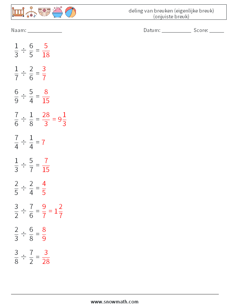 (10) deling van breuken (eigenlijke breuk) (onjuiste breuk) Wiskundige werkbladen 8 Vraag, Antwoord