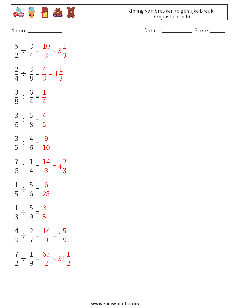 (10) deling van breuken (eigenlijke breuk) (onjuiste breuk) Wiskundige werkbladen 9 Vraag, Antwoord