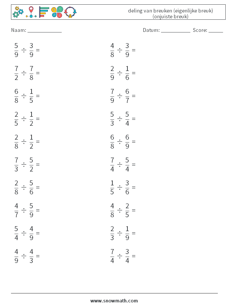 (20) deling van breuken (eigenlijke breuk) (onjuiste breuk) Wiskundige werkbladen 1