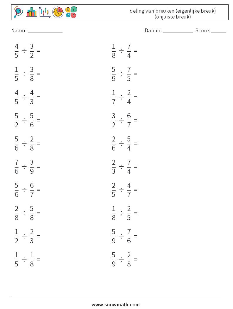 (20) deling van breuken (eigenlijke breuk) (onjuiste breuk) Wiskundige werkbladen 10