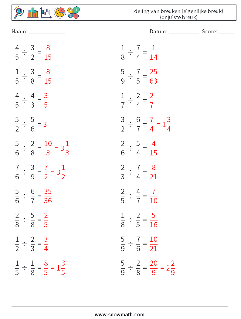 (20) deling van breuken (eigenlijke breuk) (onjuiste breuk) Wiskundige werkbladen 10 Vraag, Antwoord