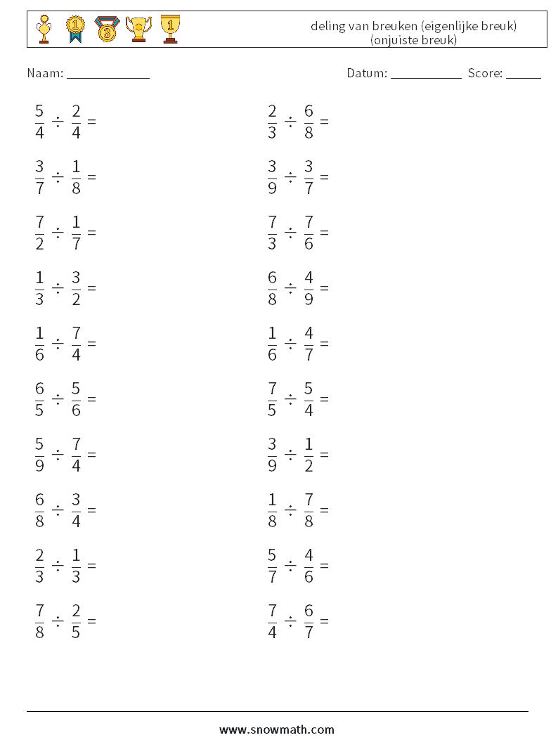 (20) deling van breuken (eigenlijke breuk) (onjuiste breuk) Wiskundige werkbladen 11