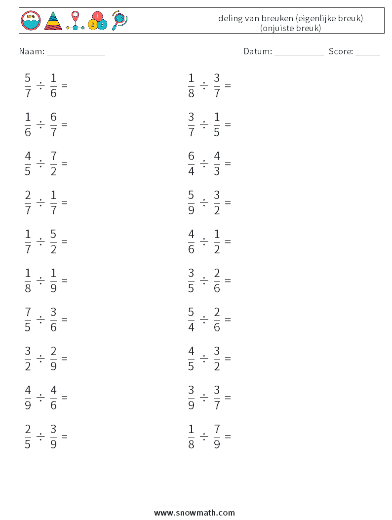 (20) deling van breuken (eigenlijke breuk) (onjuiste breuk) Wiskundige werkbladen 12