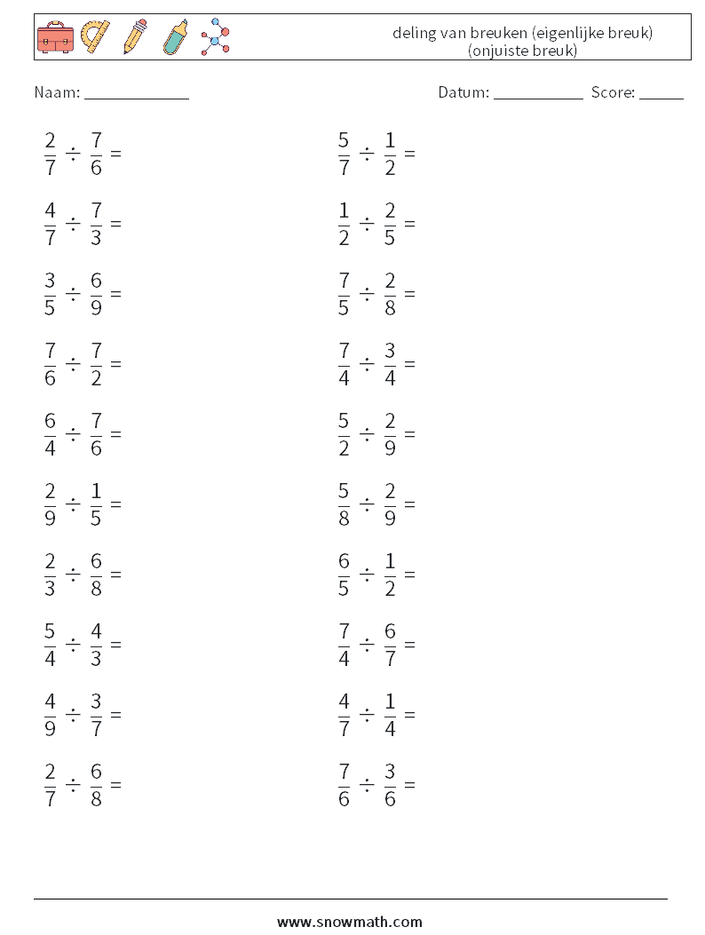 (20) deling van breuken (eigenlijke breuk) (onjuiste breuk) Wiskundige werkbladen 14