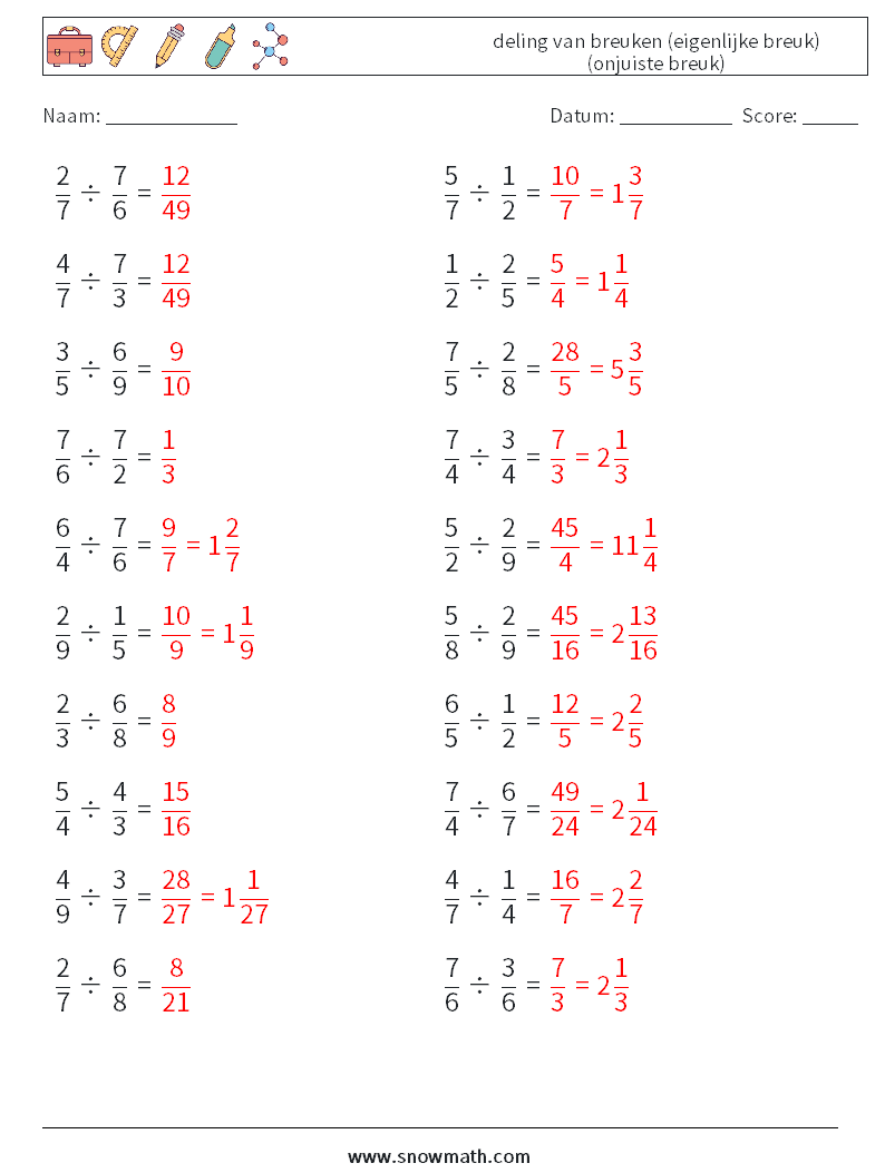 (20) deling van breuken (eigenlijke breuk) (onjuiste breuk) Wiskundige werkbladen 14 Vraag, Antwoord