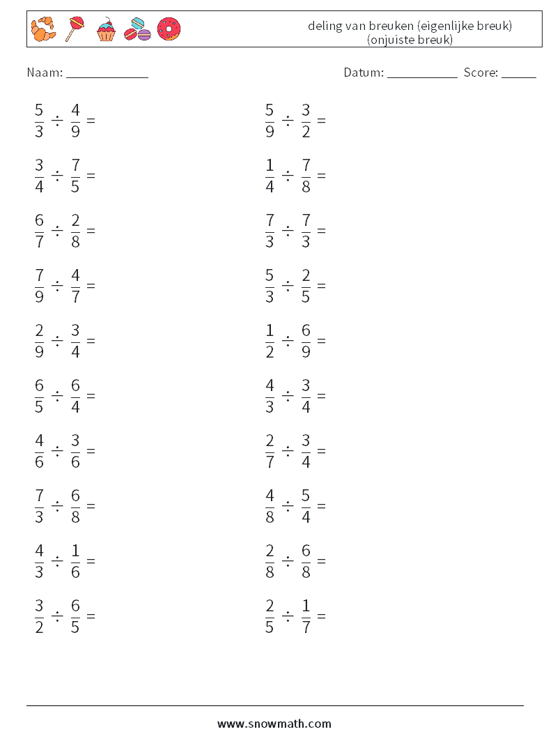 (20) deling van breuken (eigenlijke breuk) (onjuiste breuk) Wiskundige werkbladen 15