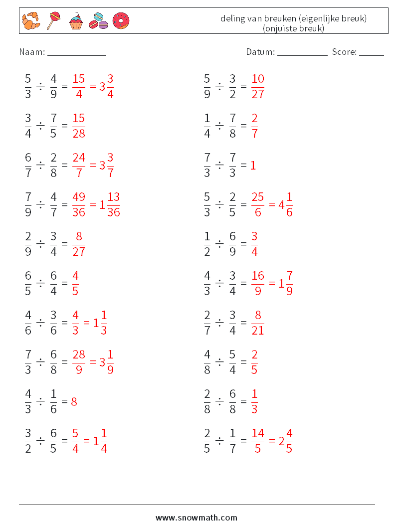 (20) deling van breuken (eigenlijke breuk) (onjuiste breuk) Wiskundige werkbladen 15 Vraag, Antwoord