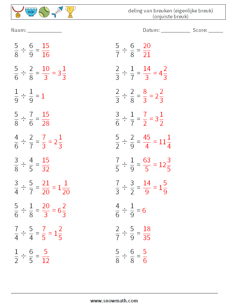 (20) deling van breuken (eigenlijke breuk) (onjuiste breuk) Wiskundige werkbladen 16 Vraag, Antwoord