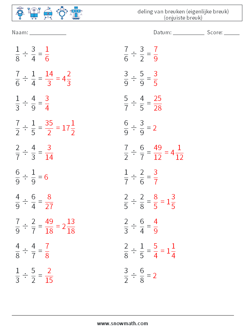 (20) deling van breuken (eigenlijke breuk) (onjuiste breuk) Wiskundige werkbladen 17 Vraag, Antwoord