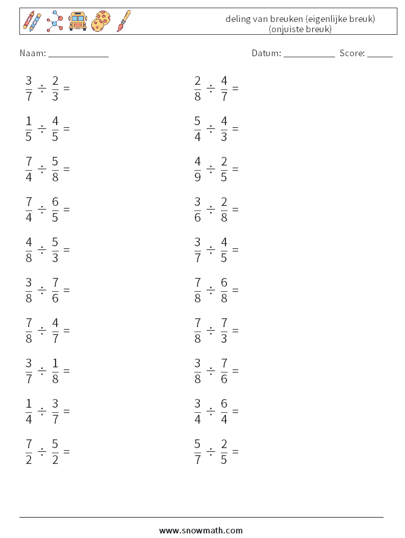 (20) deling van breuken (eigenlijke breuk) (onjuiste breuk) Wiskundige werkbladen 18