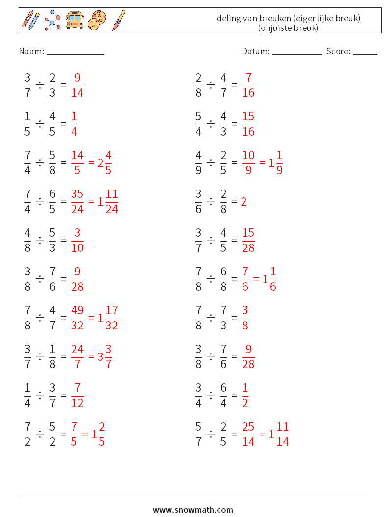 (20) deling van breuken (eigenlijke breuk) (onjuiste breuk) Wiskundige werkbladen 18 Vraag, Antwoord