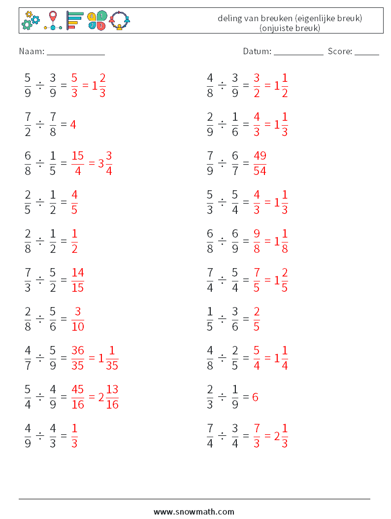 (20) deling van breuken (eigenlijke breuk) (onjuiste breuk) Wiskundige werkbladen 1 Vraag, Antwoord