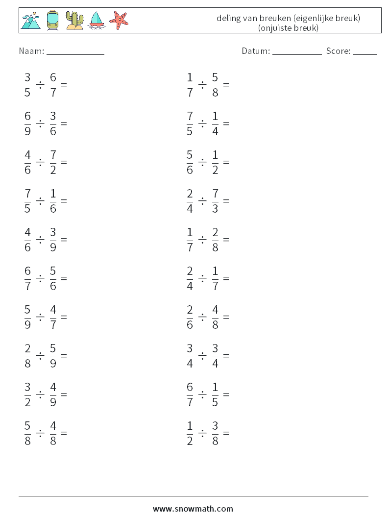 (20) deling van breuken (eigenlijke breuk) (onjuiste breuk) Wiskundige werkbladen 2