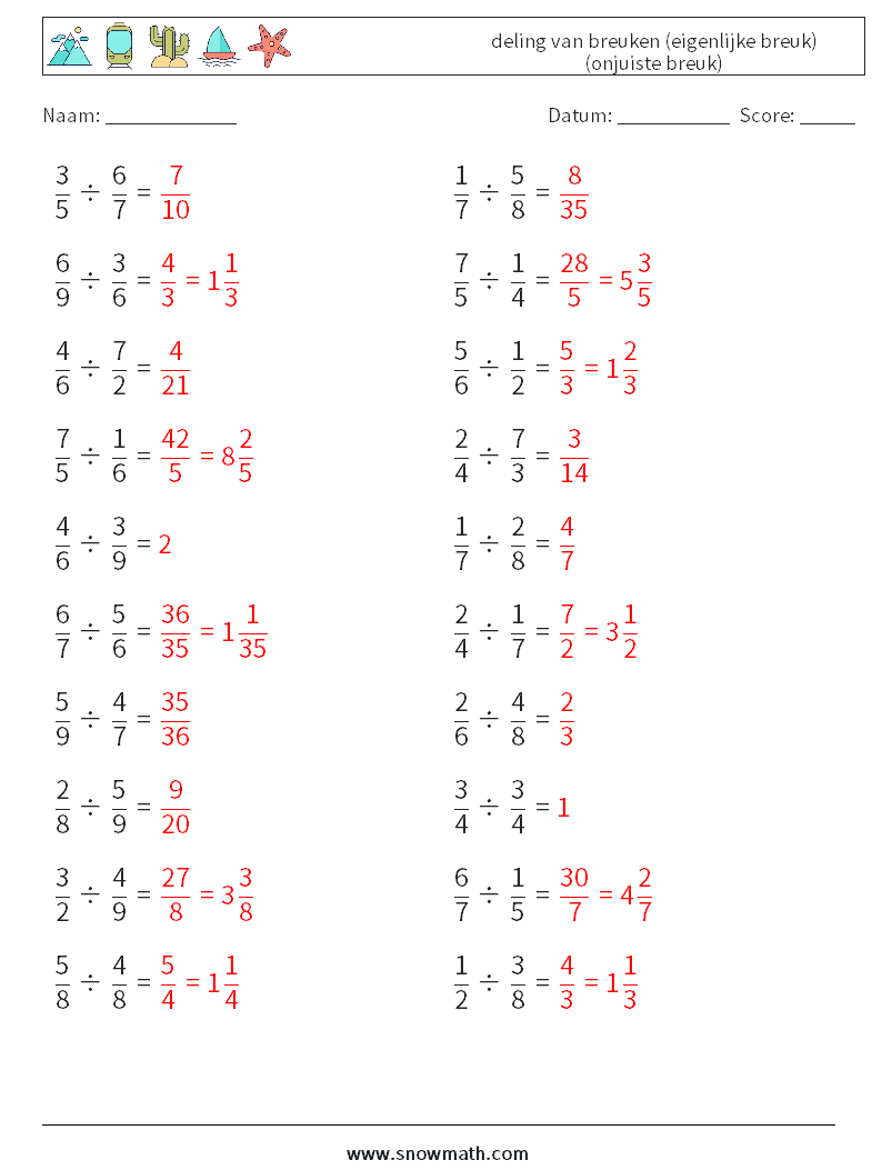 (20) deling van breuken (eigenlijke breuk) (onjuiste breuk) Wiskundige werkbladen 2 Vraag, Antwoord