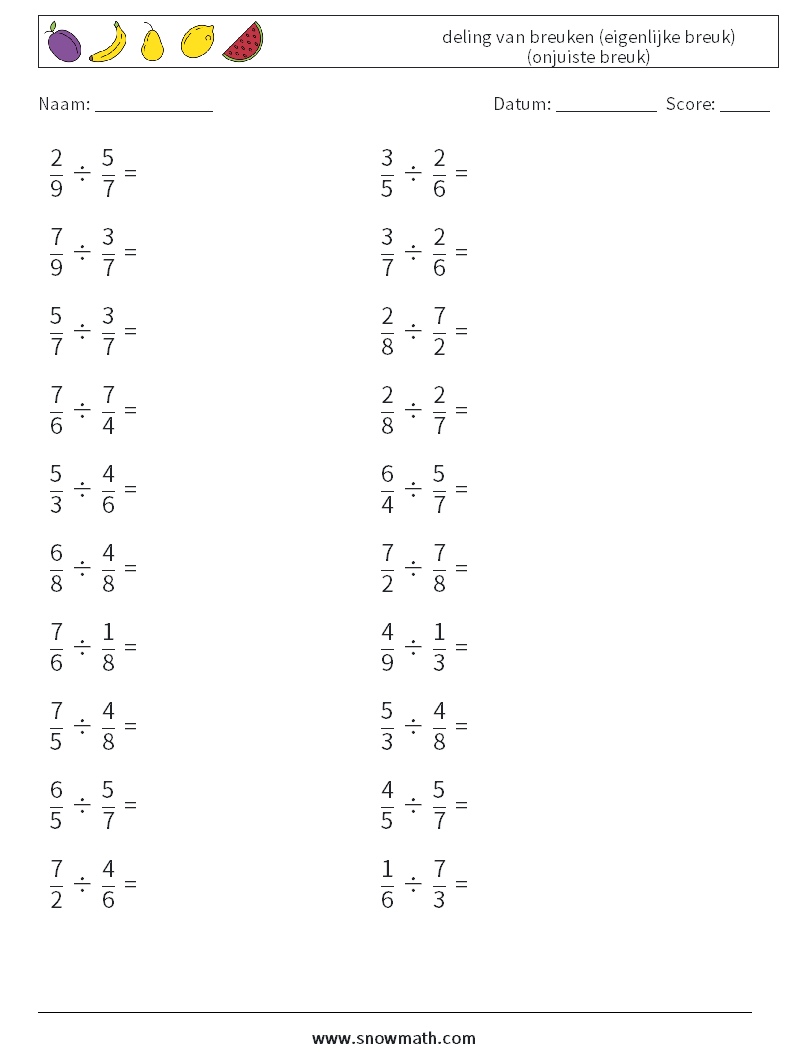 (20) deling van breuken (eigenlijke breuk) (onjuiste breuk) Wiskundige werkbladen 3