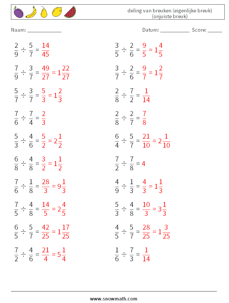 (20) deling van breuken (eigenlijke breuk) (onjuiste breuk) Wiskundige werkbladen 3 Vraag, Antwoord