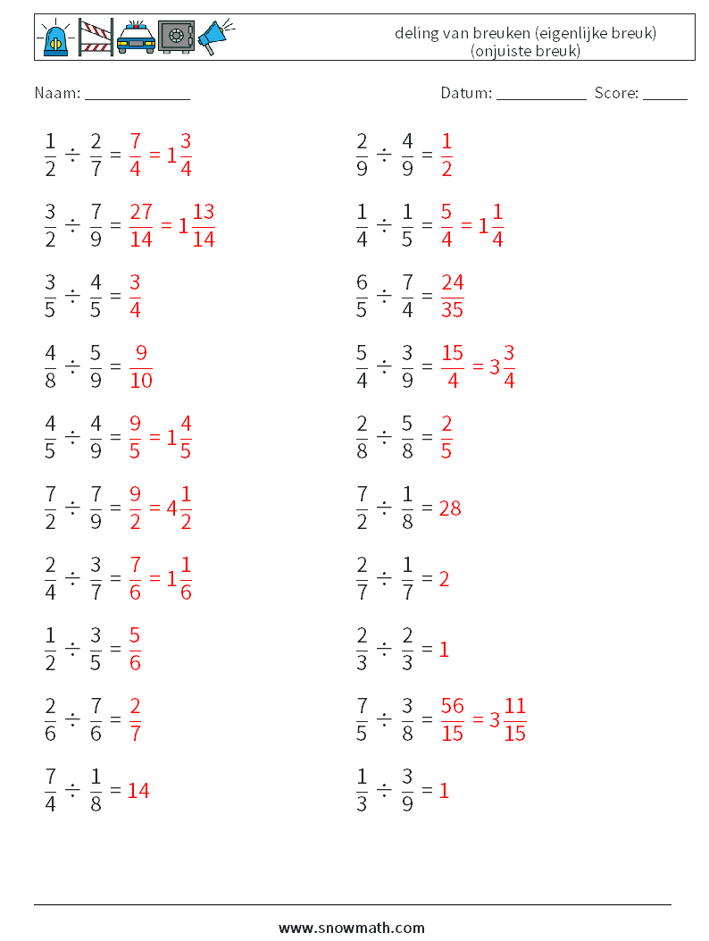 (20) deling van breuken (eigenlijke breuk) (onjuiste breuk) Wiskundige werkbladen 4 Vraag, Antwoord