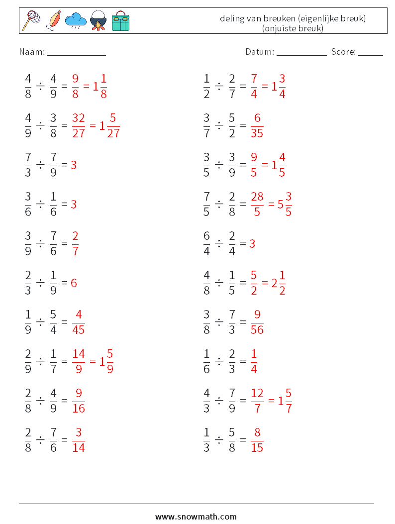 (20) deling van breuken (eigenlijke breuk) (onjuiste breuk) Wiskundige werkbladen 5 Vraag, Antwoord