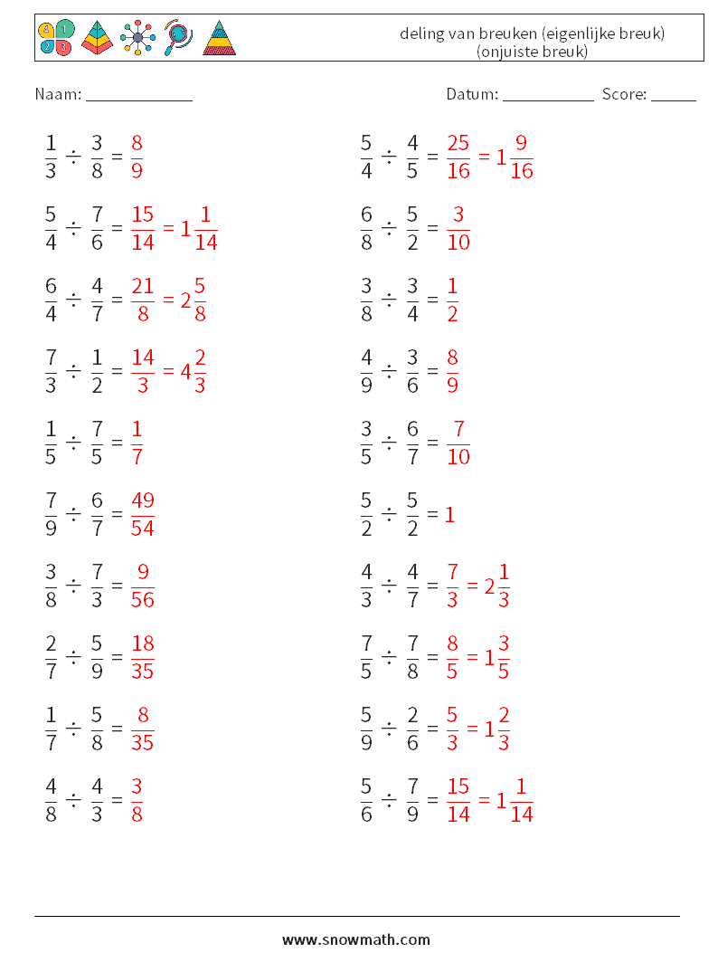 (20) deling van breuken (eigenlijke breuk) (onjuiste breuk) Wiskundige werkbladen 6 Vraag, Antwoord