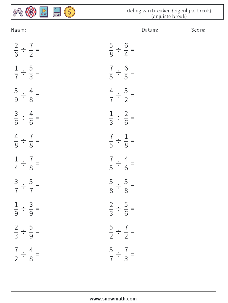 (20) deling van breuken (eigenlijke breuk) (onjuiste breuk) Wiskundige werkbladen 7