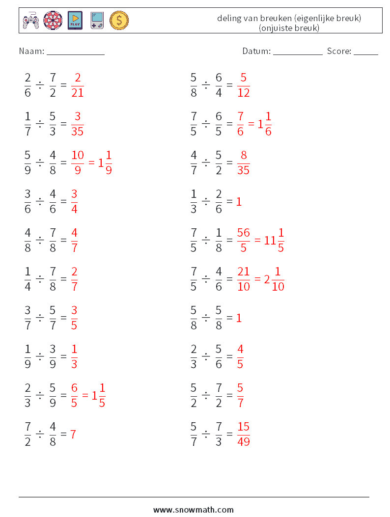 (20) deling van breuken (eigenlijke breuk) (onjuiste breuk) Wiskundige werkbladen 7 Vraag, Antwoord