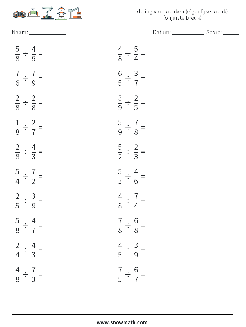 (20) deling van breuken (eigenlijke breuk) (onjuiste breuk) Wiskundige werkbladen 9