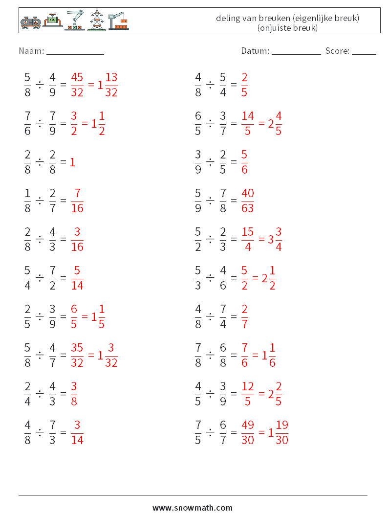 (20) deling van breuken (eigenlijke breuk) (onjuiste breuk) Wiskundige werkbladen 9 Vraag, Antwoord