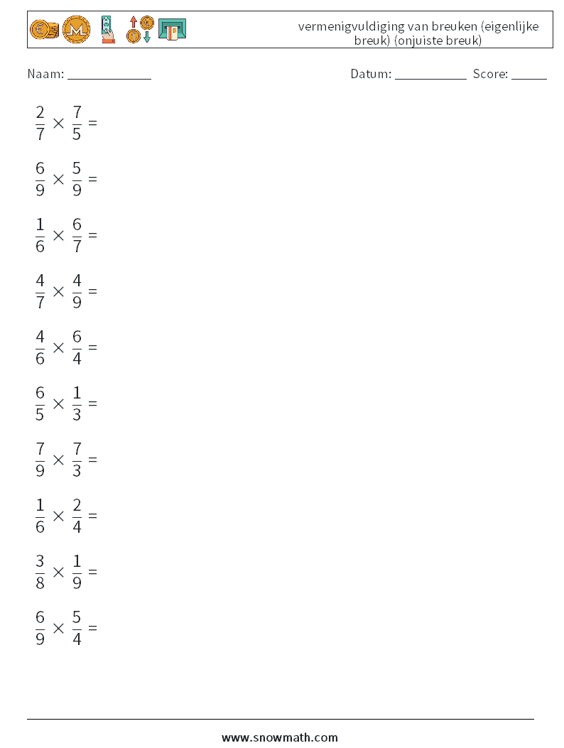(10) vermenigvuldiging van breuken (eigenlijke breuk) (onjuiste breuk) Wiskundige werkbladen 14