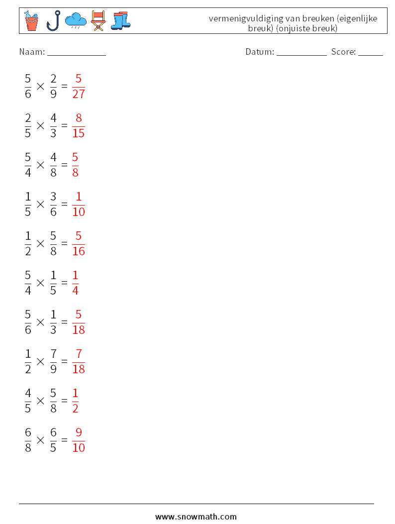 (10) vermenigvuldiging van breuken (eigenlijke breuk) (onjuiste breuk) Wiskundige werkbladen 3 Vraag, Antwoord